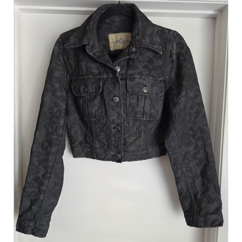 VTG Romeo Gigli Cropped Jeans Jacket 38 Black Floral Brocade Long Sleeve Flawed